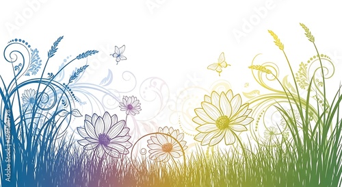 Vibrant rainbow colored meadow with decorative floral swirls, stylized grass, and fluttering butterflies on a white background
