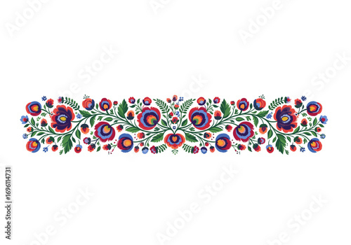 Traditional folk floral embroidery pattern border design with vibrant colors and intricate details