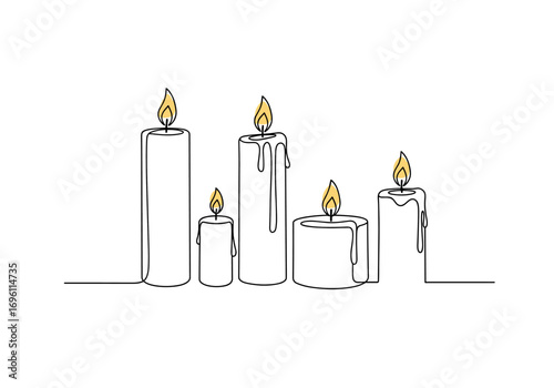 Simple line art illustration of five lit candles of various sizes standing together on a white background