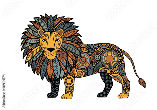 Intricate mandala style lion illustration majestic wild animal featuring geometric patterns and natural elements