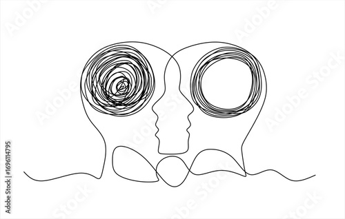 One line art of two human profiles facing each other, with a chaotic brain connecting to a calm, circular brain. Editable line. Hand drawn one line vector. 