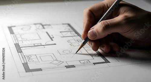 Fototapeta na wymiar Hand drawing an architectural floor plan with a pencil, showcasing the intricate details of apartment layout and home design. Perfect for architecture, engineering, and real estate visuals.