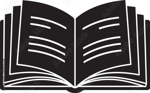 A stylized black and white silhouette of an open book with pages fanned out, suggesting the act of reading or learning.