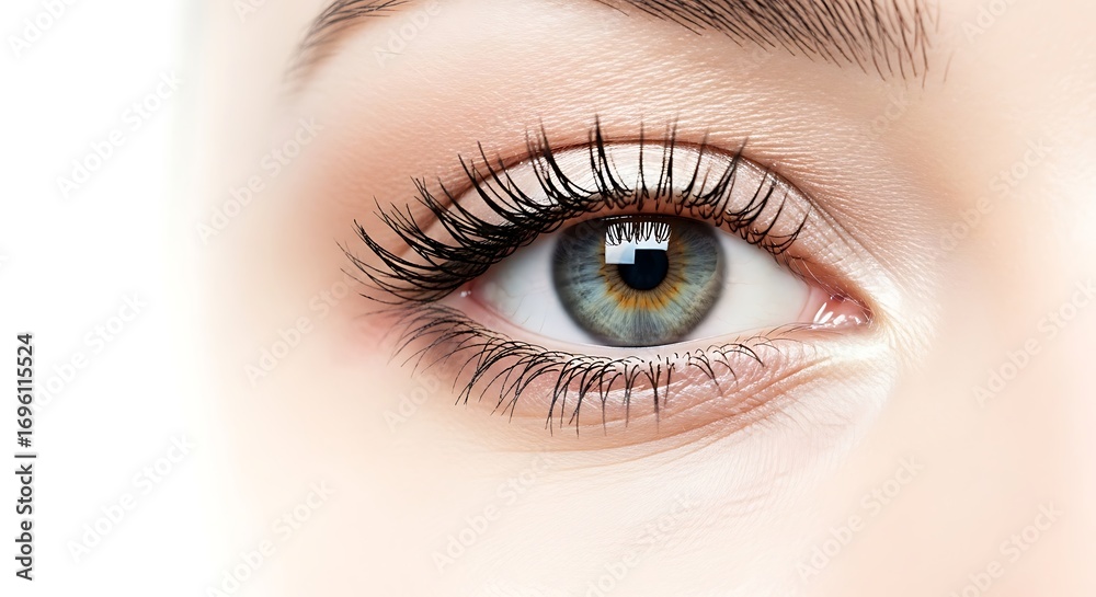 Obraz premium Stunning macro shot of a female eye showcasing vibrant blue-green iris and perfectly curled long eyelashes. Ideal for beauty, makeup, and health concepts.