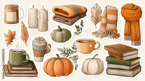 Autumn elements sticker set with cozy details