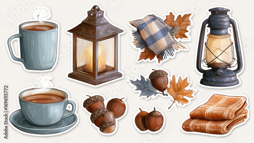 Autumn elements sticker set with transparent background