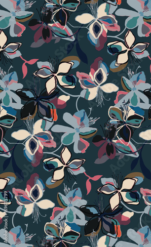 Abstract solid vector textile design, arrangement with a big simple jasmine flower, all-over seamless pattern with Tosca and pink tone color illustration, digital image printing factory