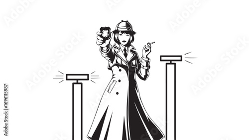 A stylized black and white illustration of a female detective in a trench coat and hat, holding a camera and a cigarette, with two illuminated panels on either side.