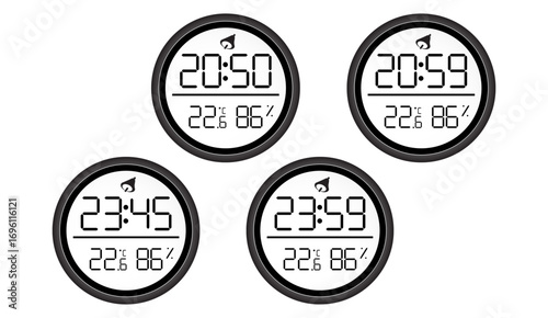 Four digital displays show different times and environmental data, featuring a stylized bird icon at the top.