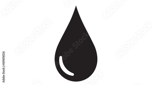 A stark black silhouette of a single, perfectly formed water droplet against a clean white background, symbolizing purity and essential resources.