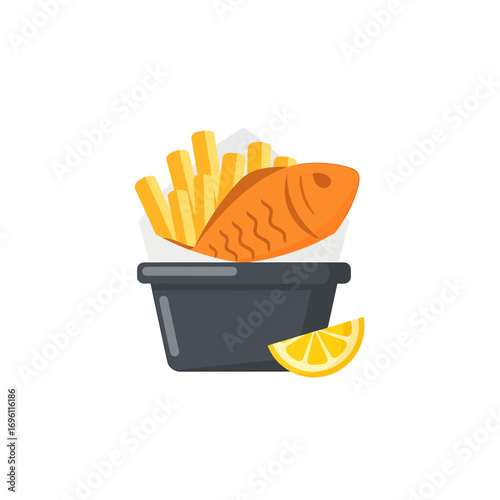 Fried fish and chips served in a dark gray container with a lemon wedge.