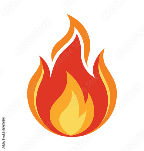 A vibrant vector icon depicts a stylized fire flame, a hot and dangerous symbol of heat and burning