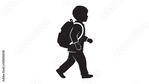Silhouette of a young child walking forward with a backpack, representing a journey or the start of an educational adventure.