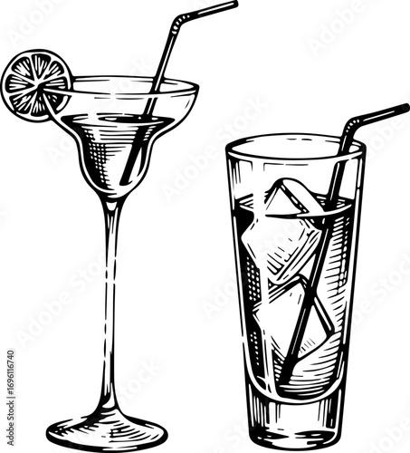 Cocktails alcoholic. Vector engraving style illustration
