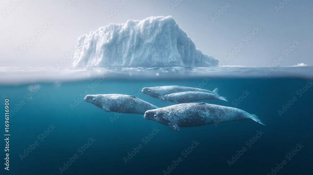 Fototapeta premium Serene underwater scene featuring seals swimming beneath a large iceberg. Evokes themes of nature, conservation, and arctic wildlife. Ideal for environmental campaigns.