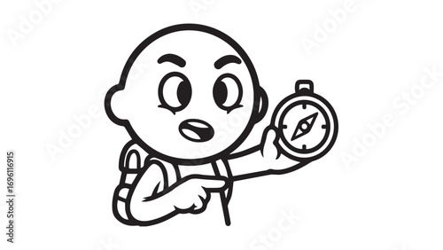 A cartoon character with a backpack points to a compass, indicating direction and the start of a journey.