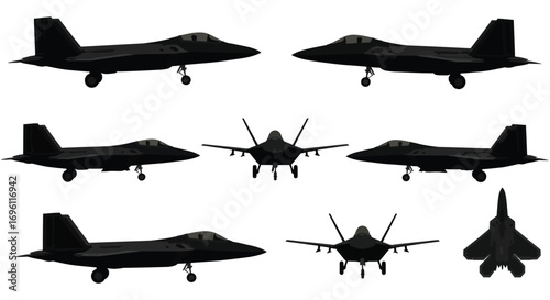 seven fighter jets arranged in two rows