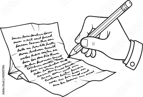 A hand wearing a suit sleeve holds a pencil, actively writing on a crumpled piece of paper filled with text.
