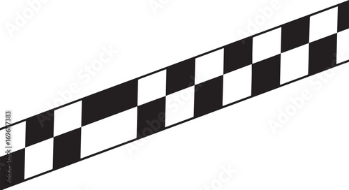 A black and white checkered pattern, resembling a racing flag or tape, diagonally oriented against a plain background, suggesting speed and competition.