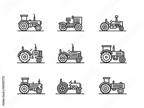 Tractor Icon Set For Agricultural Machines