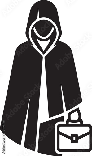 Stylized illustration of a hooded figure in a robe carrying a briefcase, conveying mystery and professional intent.