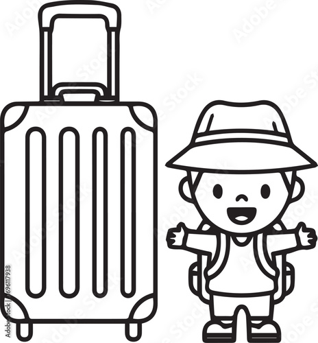 A cheerful cartoon child wearing a hat and backpack stands beside a large, wheeled suitcase, ready for an adventure or vacation.