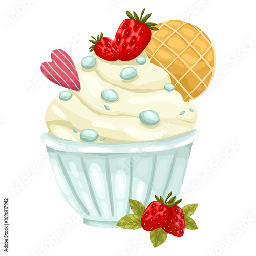 A delightful hand-drawn vector illustration of an ice cream sundae. This colorful dessert features scoops of various flavors, fresh strawberries, a crisp waffle, and a wooden spoon in a striped cup