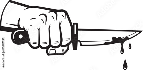 A clenched fist holds a sharp knife with blood dripping from its blade.