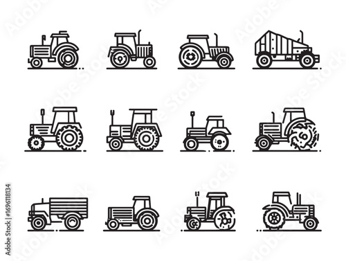 Tractor Icon Set For Agricultural Machines