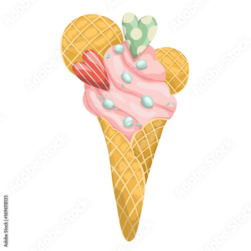 A delightful hand-drawn vector illustration of an ice cream cone. This sweet treat features a creamy scoop, sprinkles, decorative heart candies, a waffle disc, and a wooden spoon