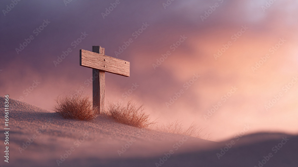 Naklejka premium Serene landscape with a weathered wooden signpost against a dusky, atmospheric sky. Evokes a sense of direction, journey, and quiet contemplation. Great for travel or introspective themes.
