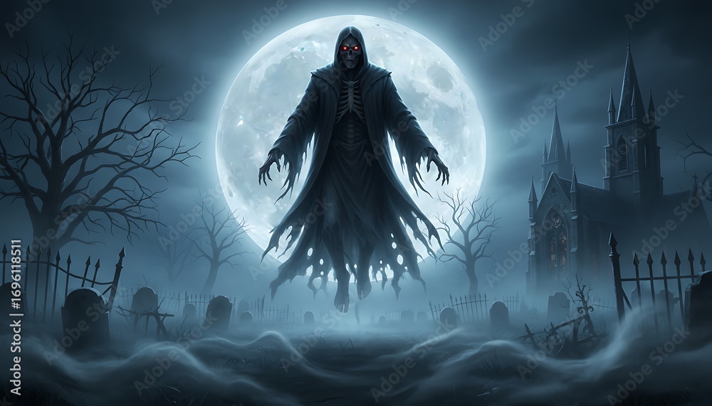 Fototapeta premium Spooky ghostly apparition haunted graveyard digital artwork eerie night dramatic perspective halloween theme