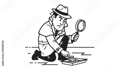 A determined detective in a trench coat and fedora kneels, meticulously examining evidence with a magnifying glass and tweezers.