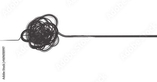 A single, dark line transforms into a chaotic, tangled ball of scribbles against a clean white background.