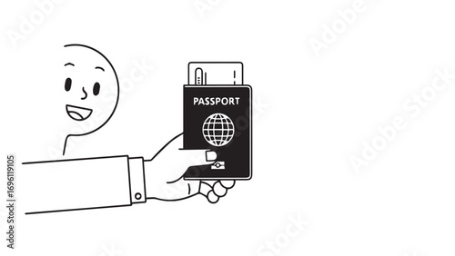 A smiling stick figure character holds up a black passport with a globe emblem, ready for travel and international journeys.