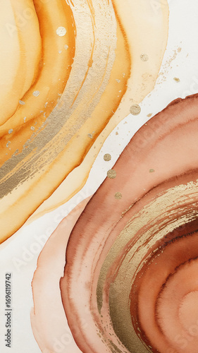 Abstract warm watercolor in golden sand, terracotta, and soft orange tones, decorated with golden foil accents