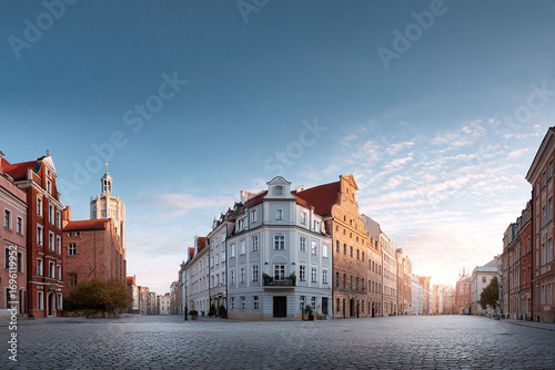 Captivating cityscape at dawn. A European town with historic buildings, cobblestone streets, and soft light evoking travel, architecture, and timeless beauty.
