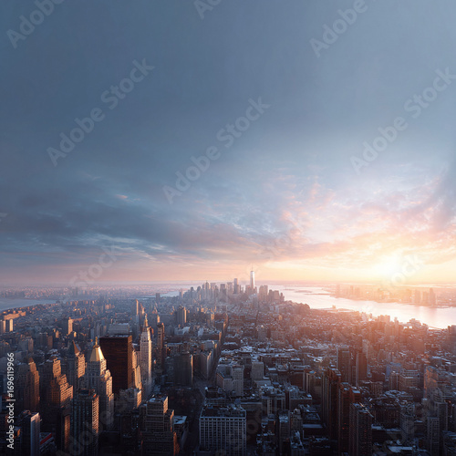 A stunning aerial view of a sprawling metropolis at sunrise. Skyscrapers bask in the warm glow of the rising sun, creating a dramatic contrast against the cool dawn sky.
