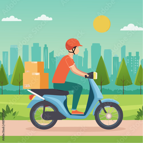 Courier delivery agent riding a motorbike with packages and couriers