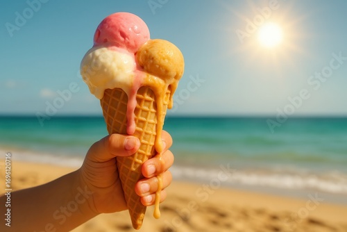 Hand holding melting ice cream cone on sunny beach