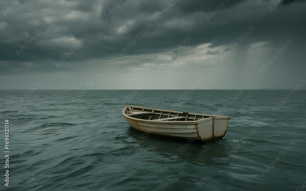 Naklejka premium Lonely boat adrift on a calm sea beneath a dramatic stormy sky symbolizing isolation and the challenges of navigating lifes uncertainties