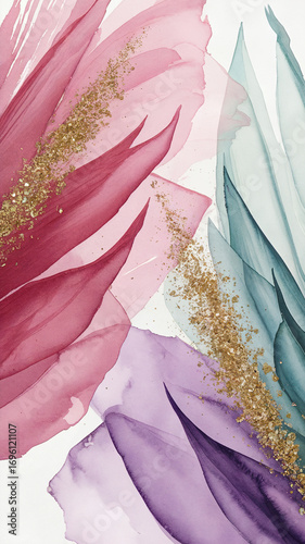 Abstract watercolor layers in pink, lavender, and soft green with golden glitter accents, floral-inspired mood