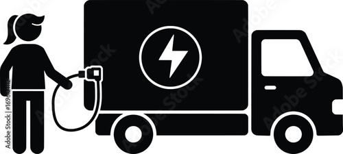 Woman Refueling a Delivery Truck in Urban Environment – Vector Illustration for Transportation and Industry Concepts