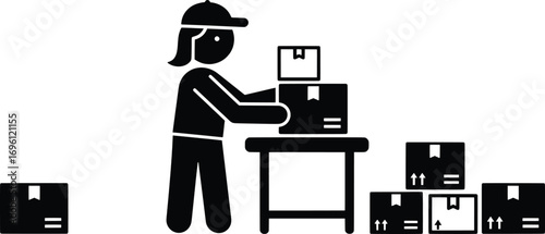 Worker Organizing Boxes at Warehouse - Vector Illustration in Industrial Environment - High-Quality Visual Perspective