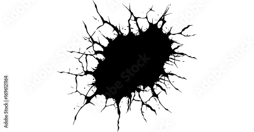 Black ink blot with radiating cracks and splatters, resembling a burst or explosion, on a white background.