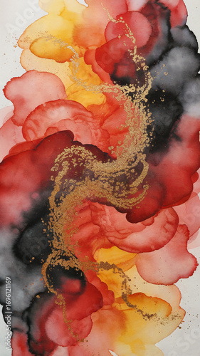 Abstract fiery watercolor background in molten red, orange, and black tones, with golden splatter resembling sparks