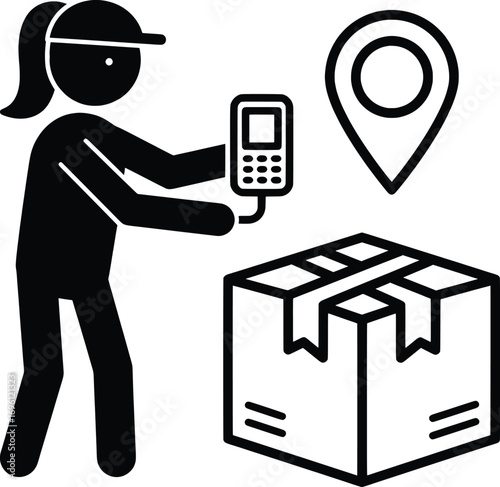 Delivery Action, Female Figure, Urban Environment, Vector Illustration, Package Tracking, Mobile Technology Concept, High-Resolution Visuals for Clarity
