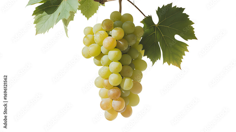 Obraz premium Close up of a bunch of green grapes hanging from the vine isolated on transparent background, ready to eat