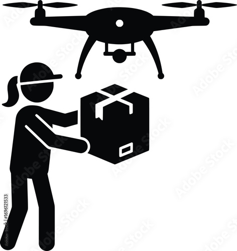 Drone Delivery Action, Packages Handled by a Person, Urban Environment, Vector Illustrations for Technology Advancement in Logistics