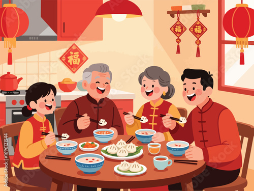 Traditional Chinese New Year Family Breakfast with Dumplings and Tea - Flat 2D Vector
